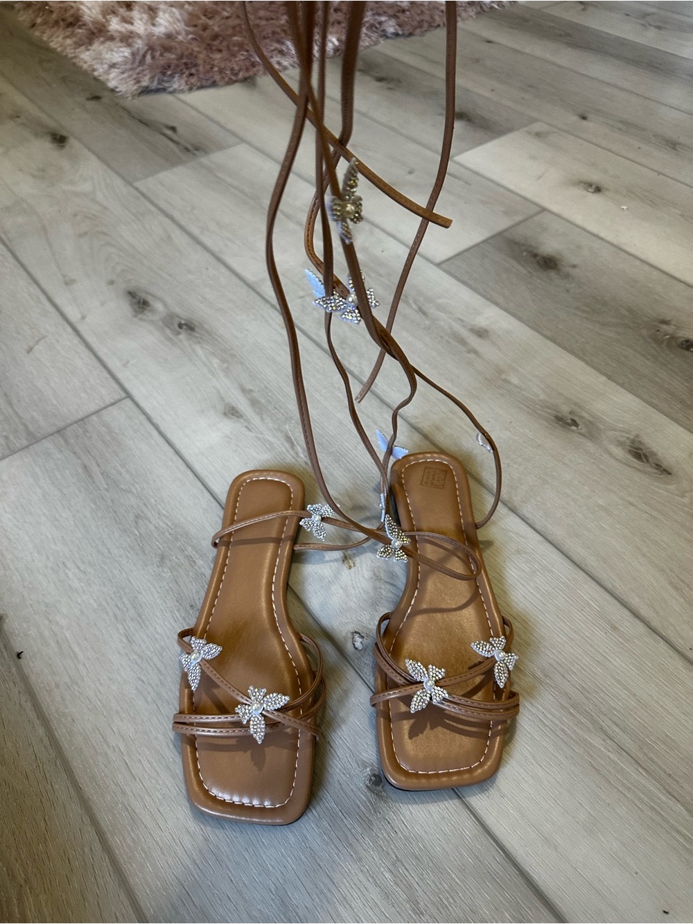 Embellished Brown Lace-Up Sandals with Crystal Flowers